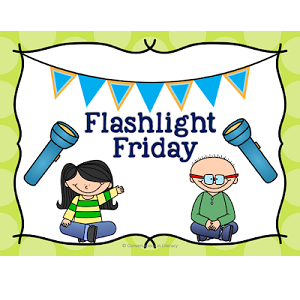 Cartoon graphic of 2 kids sitting with flashlights